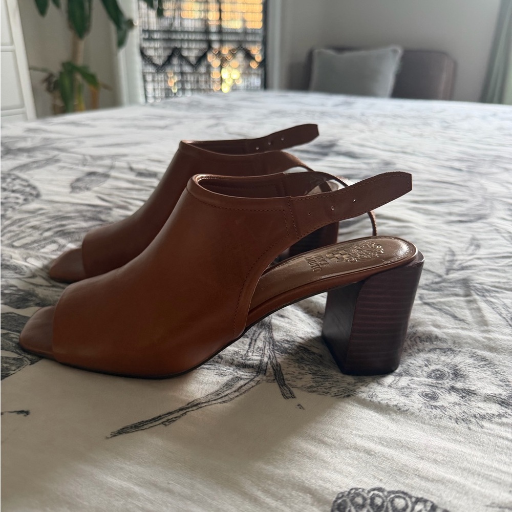 Vince Camuto Cognac Open-Toe Slingback Block Heels
